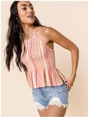 miami Pink and Cream Striped Smocked Halter Tank